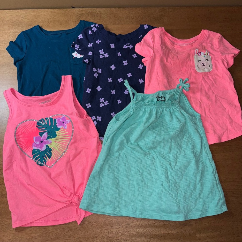 Lot of 5 Toddler Girls Shirts 2T Jumping Beans Cat & Jack Pink Blue Mint Floral